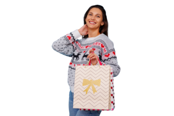 Happy woman holding festive shopping bags after buying christmas holiday gifts, transparent background