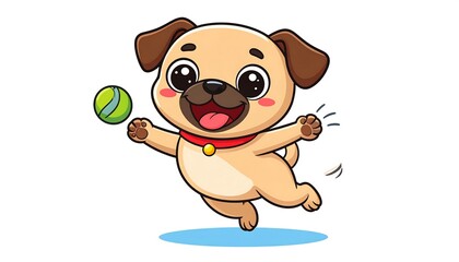 Cute pug puppy jumping with a ball