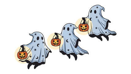 Halloween Ghosts and pumpkin lantern: charming three ghosts celebrate halloween with Jack O'Lanterns in festive celebration, radiating an air of eerie yet fun.