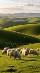 Obraz premium Flock of Sheep Grazing on Rolling Green Hills at Sunrise.