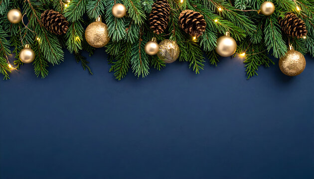 Festive Christmas Background with Pine Branches, Ornaments, and Pine Cones