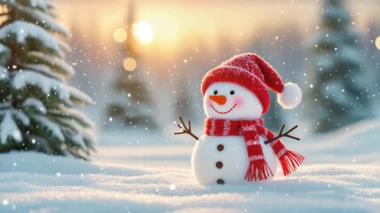 Cute snowman with red knitted hat and scarf standing in deep snow among snow-covered trees. Snowflakes fall gently in warm golden sunset light. Cheerful holiday scene. - Powered by Adobe