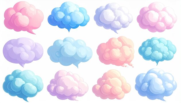 Twelve pastel-colored cartoon speech bubbles, varying in shape and shade, are arranged in a grid pattern on a white background.  Each bubble has a soft, fluffy texture