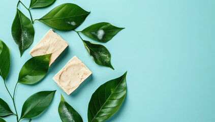 Two bars of off-white soap rest on a light blue background, surrounded by vibrant green leaves.  The scene evokes a feeling of natural cleanliness and freshness