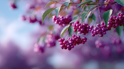 Close Up of Vibrant Purple Berry Clusters with Green Leaves Against a Soft Focus Background