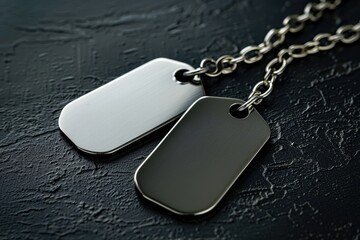 Fototapeta premium Two blank, polished metal dog tags hang from a silver chain on a dark textured surface. Close-up view