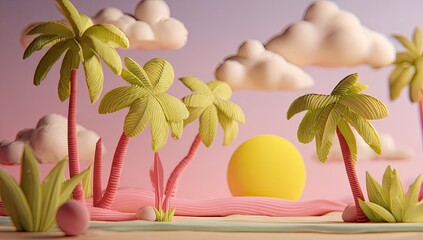 Obraz premium 3D rendering of a whimsical cartoon beach scene with palm trees and sunset