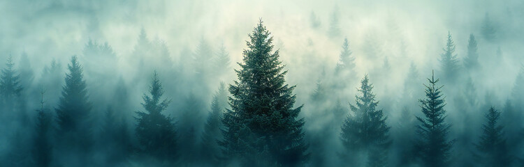 Foggy Forest Background with Silhouetted Evergreen Conifers (Pine and Spruce) and Christmas Tree against a Mysterious Sky, Perfect for Vector Illustration or Graphic Design