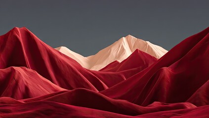 A dramatic landscape, composed of flowing crimson fabric draped over peaks, contrasted with pale beige mountaintops against a muted gray backdrop.