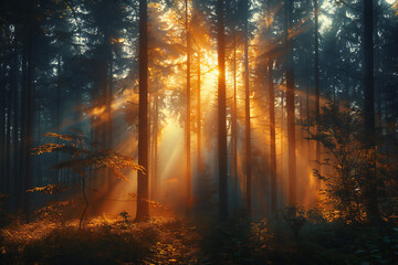 Mysterious Forest Scene with Radiant Sunbeams Illuminating Dark Canopy and Nature Elements