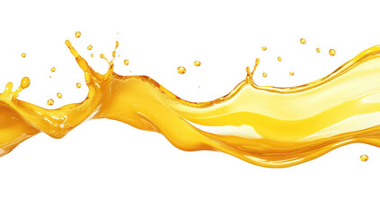 A splash of golden liquid gracefully arcs across a white background. capturing the dynamic movement and energy of the fluid. ideal for culinary or creative projects