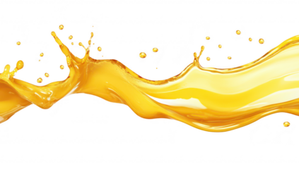 A splash of golden liquid gracefully arcs across a white background. capturing the dynamic movement and energy of the fluid. ideal for culinary or creative projects