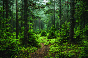 Obraz premium Serene Forest Landscape Featuring Healthy Green Trees Amidst Vertebrate Canopy with Diverse Spruce, Fir, and Pine Species, Perfect for Environmental and Nature Illustrations