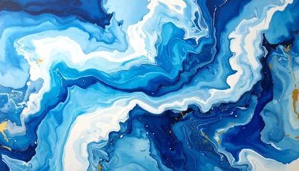Keuken achterwand Kristal Dynamic Ocean Blues and White Fluid Art Swirls with Golden Shimmers, Abstract Acrylic Pour Texture.  © Paten