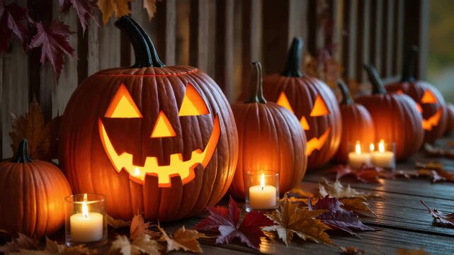 Carved pumpkins with glowing faces placed on a wooden porch, surrounded by candles and colorful fallen leaves. Classic Halloween setup. Warm and spooky ambiance.