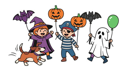 Halloween Celebration: Halloween characters celebrating with balloons and costumes.