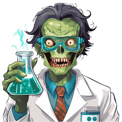 Cartoon illustration of a zombie scientist with a menacing grin and glowing orange eyes.