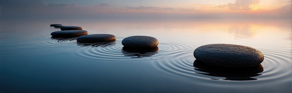 Calm water with stones forming a path at dawn, peaceful reflection