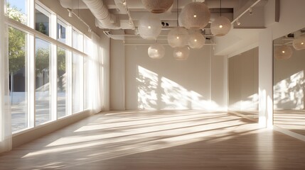 Modern yoga studio bright natural light clean interior