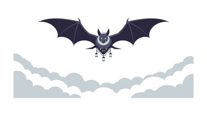 Mysterious Flight: A striking bat soars through the misty sky, its dark silhouette contrasting with the ethereal clouds, representing a night flight and mystery