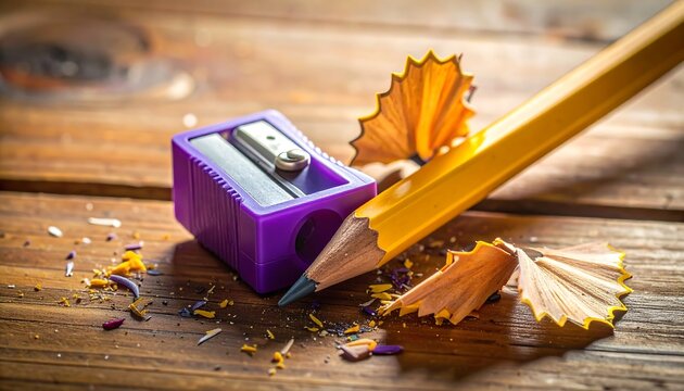 Close-up of sharpened yellow pencil, purple sharpener, and shavings on wooden surface