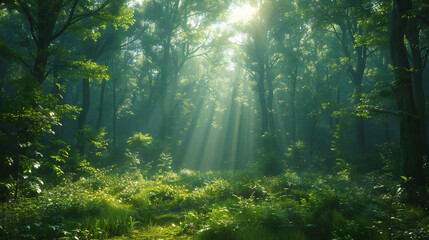 Obraz premium Vibrant Green Forest Scene in 4K Resolution Featuring Lush Trees and Nature Sounds, Ideal for Environmental Photography or Film Production