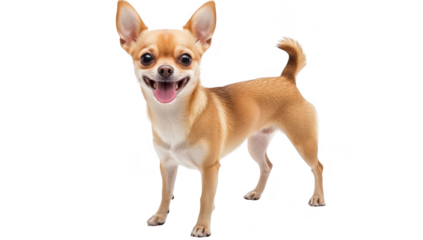 A cheerful Chihuahua standing proudly with a bright smile. its playful personality against a clean white background. ideal for pet-related content and marketing