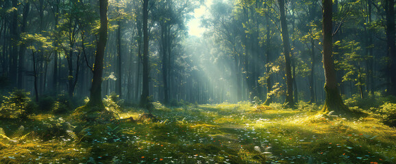 Fototapeta premium Breathtaking Forest Panorama with Tall Trees and Lush foliage on a Grand Scale, Perfect for Environmental Motivations and Wilderness Exploration