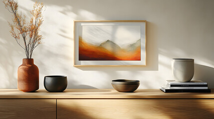 A serene interior scene showcasing a wooden shelf adorned with vases and bowls, illuminated by soft natural light for small business setup