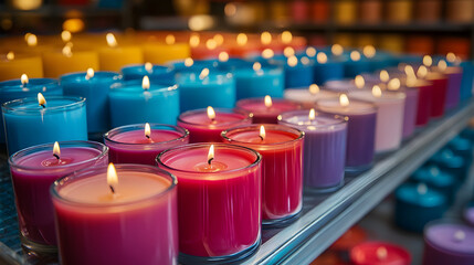 Colorful candles arranged on shelves with flickering flames, creating a warm ambiance in a cozy shop setting for small business setup