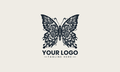 Obraz premium Exquisite black silhouette of a butterfly with beautiful intricate rose flowers creates a detailed ornamental vector design