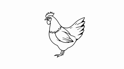 Line drawing of a chicken standing in profile, with visible comb, wattle, and feathered body.
