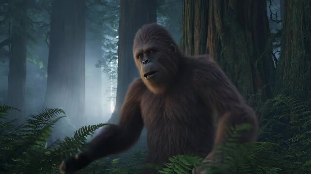 A majestic primate-like cryptid caught off guard deep within a verdant, sun-dappled woodland, reacting with open-mouthed wonder