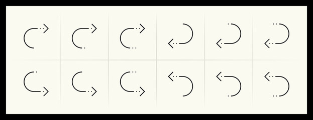 Outline circular and curved arrow icon set. Direction, navigation, downward, reload, clockwise, turn down, turn left, upward and more.