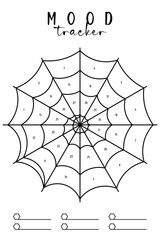 Spider Web Mood Tracker printable template. Creative mood tracker for October Halloween with a unique spider web design and 31 numbered sections. Printable for bullet journal, diary, or planner insert
