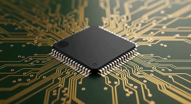 Microchip on circuit board with golden traces electronic technology concept