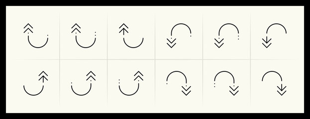 Outline circular and curved arrow icon set. Direction, navigation, downward, reload, clockwise, turn down, turn left, upward and more.
