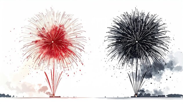 Two stylized firework displays, one red and one black, are depicted against a white background.  The illustrations feature a watercolor or ink-wash effect, showing bursts of color and smoke trails