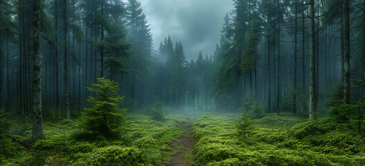 Obraz premium Breathtaking Pine Forest Panorama with Misty Foreground and Dappled Light on a Soft, Ethereal Background