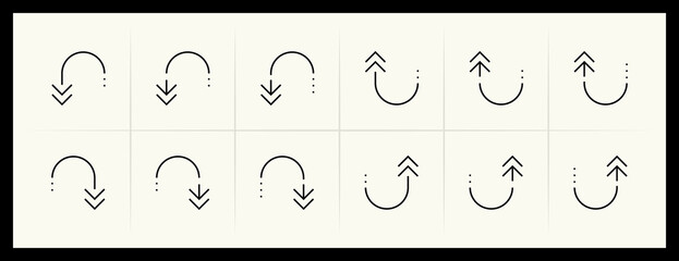 Outline circular and curved arrow icon set. Direction, navigation, downward, reload, clockwise, turn down, turn left, upward and more.