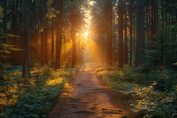 Obraz premium Luminous Forest Pathway with Dappled Light, Vibrant Foliage, and Nature Sounds in a Serene Sunny Setting
