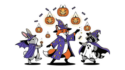 Whimsical Halloween Gathering: A charming illustration presents a fox wizard, a raccoon ghost, and a rabbit vampire engaged in delightful Halloween festivities.