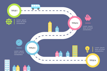 Roadmap Infographic Illustration with Curved Street Timeline and City Icon Elements