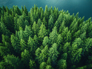 Fototapeta premium Vibrant Summer Forest Scene: Aerial View of Lush Green Trees in Rural Finland with Dappled Light and Sunlit Forest Floor