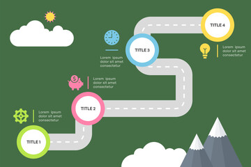 Winding Roadmap Infographic with Four Steps and Mountain Background Vector