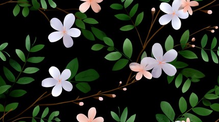 Floral Pattern on Black Background with White and Peach Blossoms and Green Leaves