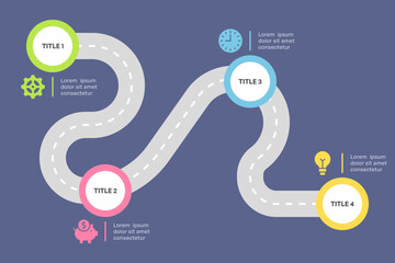 Winding Roadmap Infographic with Four Steps Flat Vector Design