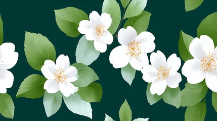 Seamless Pattern of White Petaled Flowers with Green Leaves on Dark Green Background