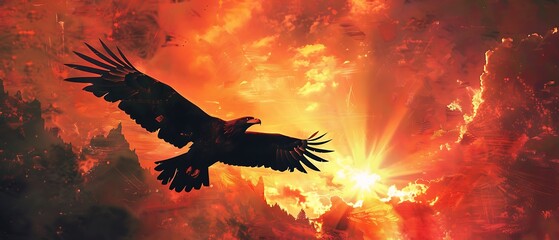 Majestic eagle soaring through radiant skies amidst fiery clouds at dusk