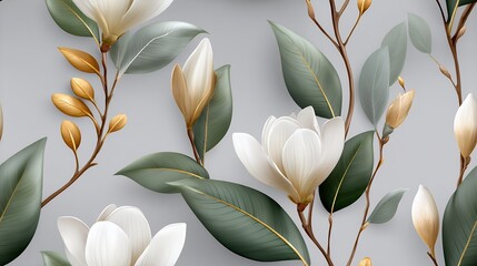 Floral Pattern with White Magnolia Flowers and Green Leaves on a Gray Background Art